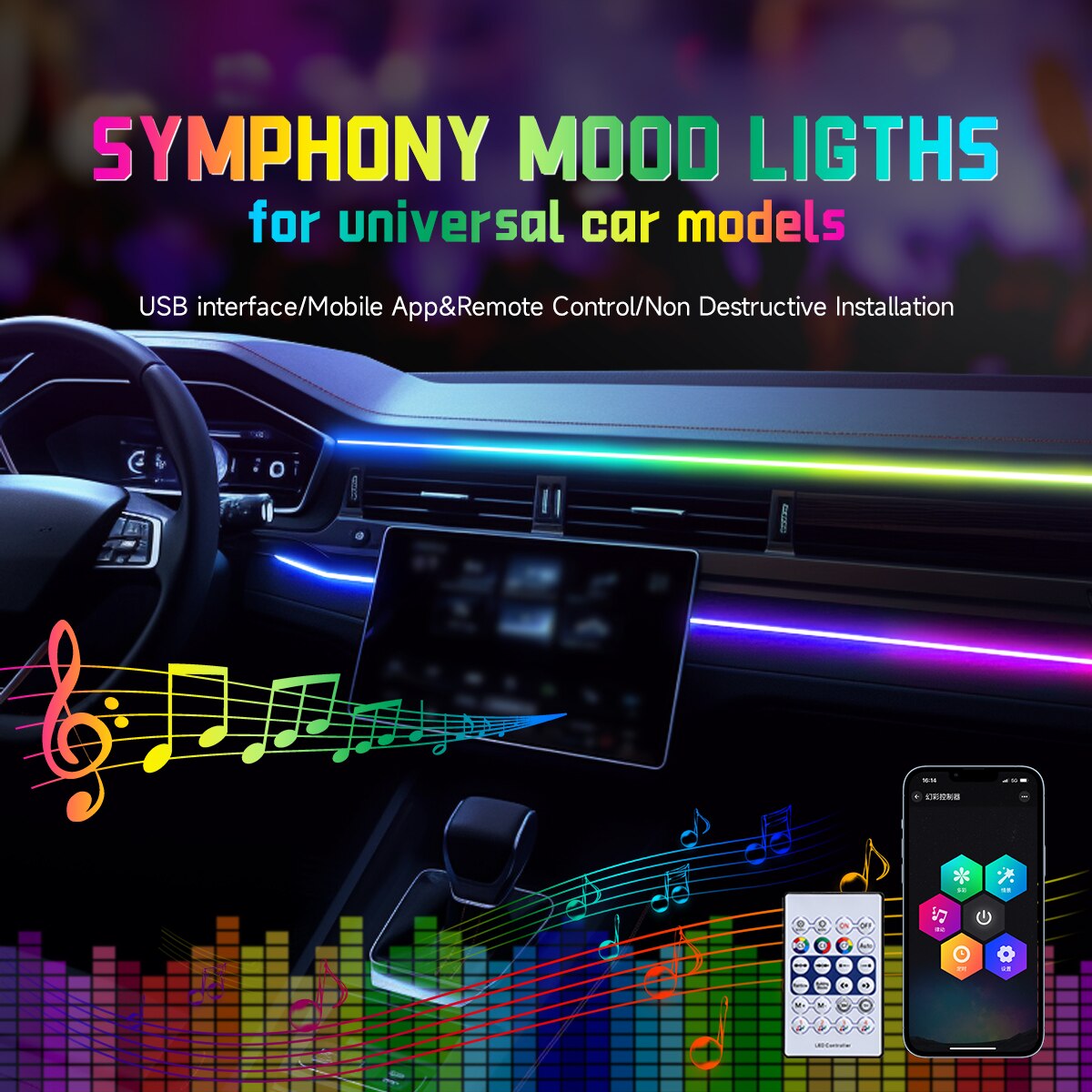 Led Ambient Interior Car Lights App Control - Araba LED ortam ışığı USB 64